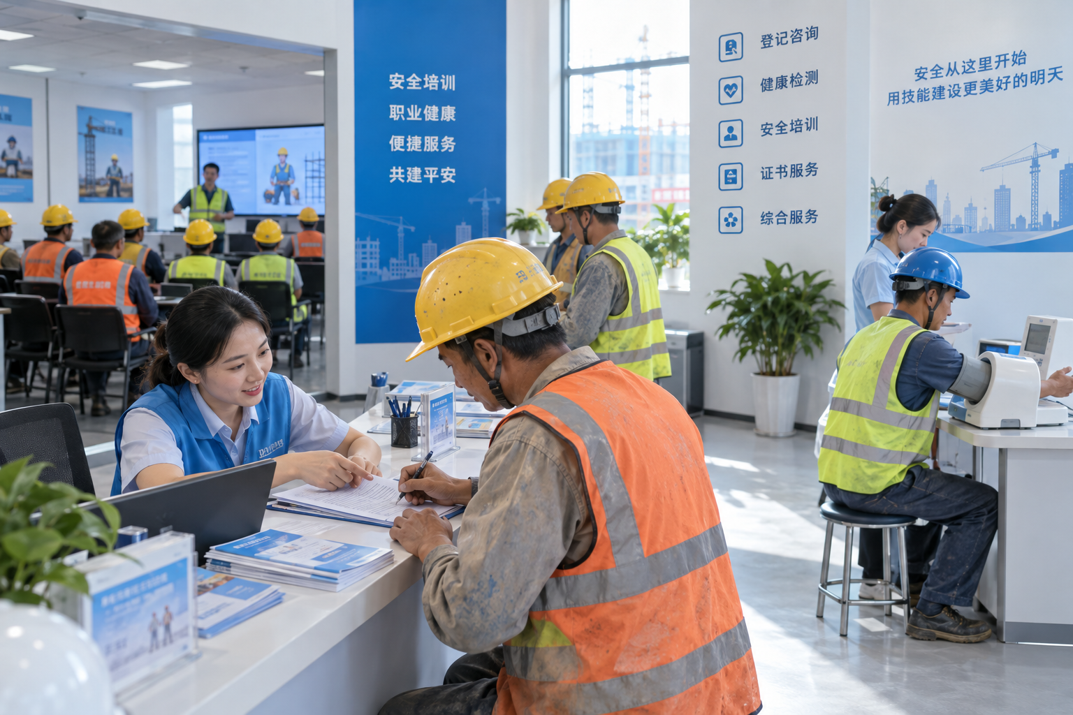工人在智慧工友安全培训中心办理登记、健康检测并参加安全培训
